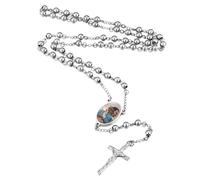 INBLUE Collier Chapelet Personnalisé avec Photo Gravée avec Texte au Dos Perles de Chapelet Collier Catholique pour Femmes Acier inoxydable Croix Y Chaîne de Collier Chapelet Prière Cadeaux - Argent
