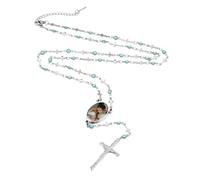 INBLUE Collier Chapelet Personnalisé avec Photo Gravée avec Texte au Dos Perles de Chapelet Collier Catholique pour Femmes Acier inoxydable Croix Y Chaîne de Collier Chapelet Prière Cadeaux - Vert