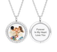 INBLUE Collier Flottant Médaillon Personnalisé pour Femme Pendentif Rond Gravé Photo/Texte Pendentif en Acier Inoxydable et Verre avec Pierre de Naissance Cadeau pour Anniversaire (B1 - Couleur)