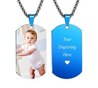INBLUE Collier Pendentif Personnalisé Plaque d'identification Chienne Gravure Texte/Images/Photo Collier Acier Inoxydable pour Homme Femme, Bundle avec Chaîne Réglable, Porte-clés, Silencieux(Bleue)