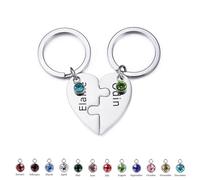 INBLUE Personnalisé 2-5 Noms Coeur Puzzle Pièce En Acier Inoxydable Porte-clés Ensemble Nom Personnalisé Porte-clés Cadeaux pour Les Femmes (Argent - 2 pièces & Pierres de Naissance)