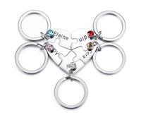 INBLUE Personnalisé 2-5 Noms Coeur Puzzle Pièce En Acier Inoxydable Porte-clés Ensemble Nom Personnalisé Porte-clés Cadeaux pour Les Femmes (Argent - 5 pièces & Pierres de Naissance)