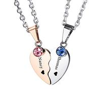 INBLUE Personnalisé Coeur Couple Collier Ensemble Gravure Nom Date pour Hommes Femmes Amant Pierre de Naissance en Acier Inoxydable Chaîne Réglable Amour Relation Puzzle Pendentifs (Couleur Or Rose)