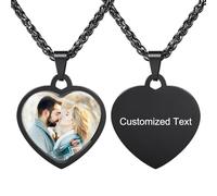 INBLUE Personnalisé Gravé Texte Image Collier avec Epoxy Protecteur Chien Tag Coeur Forme Pendentif avec Chaîne de Blé/Rolo Bijoux de Commémoration Cadeau pour Femme (A-Noir)