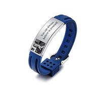 INBLUE Réglable en Acier Inoxydable Silicone Bracelet Personnalisé Personnalisé Sculpture Photo & Texte Bracelet Bijoux Cadeaux pour Hommes Petit Ami Mari Frère Père - Bleu&Argent