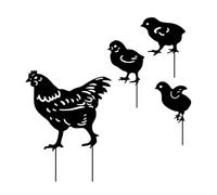 INCAUCA Lot de 4 piquets de jardin en métal en forme de poule et de poussins, décoration de cour d'animaux en métal, statue de silhouette de poulet pour pelouse, patio, gazon, décoration extérieure