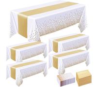 Incisite Lot de 8 nappes et chemins de table en satin, 4 nappes à pois blancs et dorés de 137 x 274 cm, 4 chemins de table en satin doré de 27,9 x 274,3 cm, nappes jetables en plastique pour fête