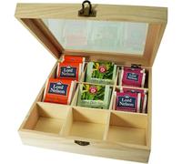Incutex Boîte en Bois pour Sachets de Thé avec 9 Compartiments, Marron Clai | Contenant avec Couvercle Transparent pour le Rangement des Sachets de Thé Individuels, 24x24x6,5 cm