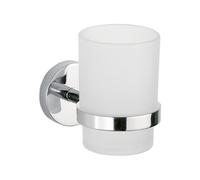 INDA - Accessoires de salle de bain, Série Forum, Porte-gobelet mural avec support en laiton chromé et gobelet en verre dépoli, Kit de colle en option, Dimensions 7,3 x 11,8 x 9,5 cm
