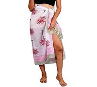 INDACORIFY 100% Coton Main Bloc imprimé Sarong Femmes Maillot de Bain Cache-cœur, Plage Bikini Jupe paréo écharpe étole châle pour Femmes (Design-3)