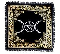 INDACORIFY Nappe Triple Lune Pentagramme pour Autel avec Franges Tissu de Tarot de Sorcellerie pour la Méditation Tissu Spirituel Sacré 45x45 cm (Pentagrammes Lunes Or & Argent)