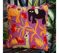 INDACORIFY Taie d'oreiller imprimée animal Suzani, housse de coussin brodée 40,6 x 40,6 cm, housse de coussin décorative, pompons indiens d'extérieur (1)