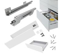 INDAUX Tiroir en kit à extraction totale pour ambiance, salle de bain, cuisine, bureau, nouveau design slim, portée 40 kg, rails synchronisés (H 170 mm - P 350 mm blanc)