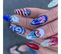 Independence Day French Tip Faux 4 juillet Patriotique Faux Couverture Complète Design Acrylique Colle sur Ongles