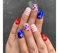 Independence Day Lot de 24 faux ongles brillants courts carrés sur les ongles Manucure Décors Bâton artificiel sur les ongles Jour de l'indépendance