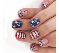 Independence Day Short Square Faux Nails Glossy Star Designs 24pcs Press On Nails Manucure Decors For Women And Girls Glossy White Star