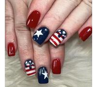 Independence Day Short Square Faux Nails Glossy Star Designs 24pcs Press On Nails Manucure For Women And Girls Independence Day