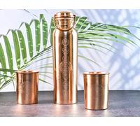 India House 100% Pure 7 Chakra Copper Bottle with Heart Chakra Glass, Water Bottle, 1000ml, Exercise, Meditation, Gymnastics (Two Free Wooden Coasters)