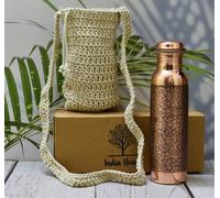 India House Handmade Engraved 100% Pure Copper Bottle with Macrame Pouch/Water Bottle/Gift/1000ml-
