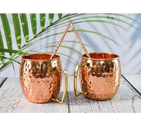 India House Lot de 2 tasses à cocktail Moscow Mule - 100 % cuivre avec poignée en laiton - Cadeau de fête (lot de 2 tasses martelées - Poignée en laiton (2 sous-verres, 2 sans paille)