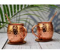 India House - Lot de 2 Tasses à Cocktail Moscow Mule en Cuivre - Verres Martelés Avec Poignée (2 Sous-Verres, 2 Pailles Gratuites) - Cadeau de Fête