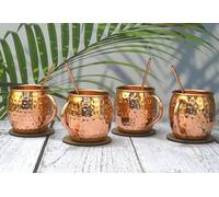 India House - Lot de 4 tasses Moscow Mule de 16 oz | Lot de tasses à cocktail | 100% cuivre | Verres en cuivre | Cadeau de fête (ensemble de 4 tasses martelées - poignée en cuivre (4 sous-verres, 4