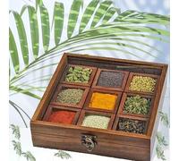 India House - Masala Dabba Indian Wooden Spice Box with Glass Top and Spoon (8x8 inch)