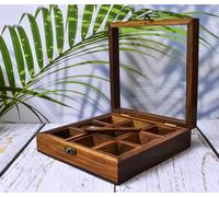 India House - Masala Dabba Indian Wooden Spice Box with Glass Top and Spoon (9x9 inch)