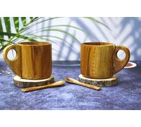 India House Set of 2 Natural Wooden Coffee Mugs with Coaster and Spoon - 180ml| Wooden Tea, Milk, Juice, Soda Cups | Hot & Cold Beverage Mugs with Handle - Ideal for Home, Office, Bar, and Gift Ideas