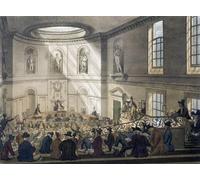 India House. The Sale Room. Circa 1808. Il s'agit de la salle de vente du siège de la société des Indes orientales à Leadenhall Street. Après un travail d'August Pugin et Thomas Rowlandson dans le