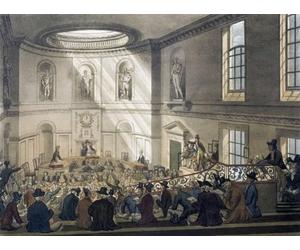 India House. The Sale Room. Circa 1808. Il s'agit de la salle de vente du siège de la société des Indes orientales à Leadenhall Street. Après un travail d'August Pugin et Thomas Rowlandson dans le
