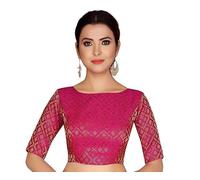Indian Hawker Women's Party Wear Bollywood Polyester Brocade Readymade Style Saree Blouse Elbow Sleeves Bust Non-Padded (Pink 42)