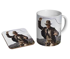 Indiana Jones Harrison Ford Whip Tasse à café en céramique + sous-verre Coffret cadeau