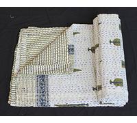 Indianhandicraft Inde Main Bloc Imprimé Ajrakh traditionnel Kantha vintage Gudhari indien Lit double, coton Couvre-lit, couverture de bohème, Boho Parure de lit Housse 017