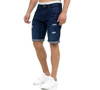 Indicode Caden Shorts en Jean, pour hommes, avec 5 poches, 98 % coton, pantalons courts au look usé, délavé et destroyed, coupe droite, idéals pour les loisirs - Bleu - XL
