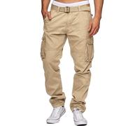 Indicode William Pantalon cargo pour homme en coton avec 7 poches, incluant une ceinture | Pantalon pour le plein air, Grège, L