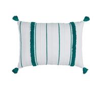 Indigo Ink Panther Collection Coussin Lombaire décoratif en Coton à Rayures bohème avec Pompons, 35,6 x 50,8 cm, Bleu Sarcelle