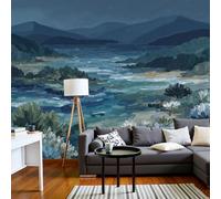 Indigo Papier Peint Intissé Paysage Naturel Montagne Et Mer Panoramique Fresque Murale, Pour Salon & Chambre Fond Tv Décoration - (Facile À Poser) Peinture Paysage Abstraite 396 X 280 Cm