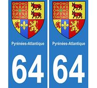 INDIGOS UG - 2 Autocollants pour plaques d'immatriculation - 64 Pyrénées Atlantiques Blason Armoiries Stickers département 100x45 mm