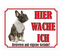 INDIGOS UG - Bouledogue français - Panneau imprimé - Hier wache ich - Plaque composite en aluminium blanc - À partir de 20 x 15 cm - Avec inscription - Idée cadeau décorative pour votre chien