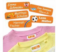 INDIGOS UG® Étiquette de lessive autocollant nom orange Spezial - 35x10mm - 60 autocollants pour vêtements, enfants, école, jardin d'enfants, garderie