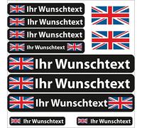 INDIGOS UG® Lot de 13 Autocollants pour nom - Drapeau Lisse - Grande Bretagne - 13 Autocollants pour Drapeau - avec nom & Texte souhaité - Vélo, Voiture, Moto, personnalisé