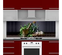 INDIGOS UG Plaque arrière de cuisine pour carrelage - Ail et herbes - 180 x 55 cm - Protection anti-éclaboussures - Plaque composite en aluminium résistant à la chaleur - Paroi arrière de cuisine
