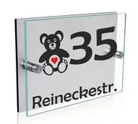 INDIGOS UG Plaque de porte personnalisée - Teddy - Verre acrylique 30 x 20 cm - Texte au choix avec nom, nom de l'entreprise, rue, numéro de maison - Plaque murale argentée avec fixation