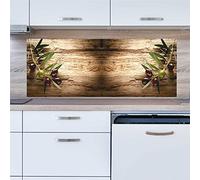 INDIGOS UG Protection anti-éclaboussures - Branche d'olivier sur bois - 130 x 65 cm - Plaque en aluminium composite imprimée - Avec image - Motif - Cuisine - Crédence de cuisine - Plaque - Protection