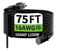 Indoor Outdoor Black Extension Cord 75 ft Waterproof, 16/3 Gauge Flexible Cold-Resistant Appliance Extension Cord Outside, 10A 1250W 16AWG SJTW, 3 Prong Heavy Duty Electric Cord, ETL HUANCHAIN