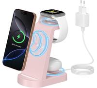 Induction Charger, 3 In 1 Wireless Charging Station (With 18w Adapter) Charging Station Compatible With Iphone 16/15/14/13/12 Pro/Promax, Apple Watch Ultra/10/9/8/7/6/5/4/Se,Airpods Pro Pink