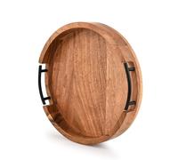 Indus Lifespace Plateau Rond en Bois d'acacia Rustique pour Table Basse, Ottoman, Boissons, Petit déjeuner avec 2 poignées en Fer Noir (30,5 x 30,5 x 4,1 cm)