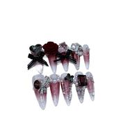 Industrie lourde européenne et américaine rouge vin forage complet à travers l'armure, nail art fait à la main, faux ongles amovibles (S)