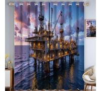 Industrie Maritime Rideau Occultant,Coucher Soleil Plateforme Forage Haute Motif Rideaux Thermiques À Oeillets, Bleu Marine Rideaux Imprimé pour Salon Chambre Décoration - L140×H240Cm (2 Panneaux)